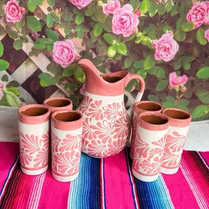 Engove Pitcher Relieve Color rosa Set with Elegant Design and White Finish for Your Decor Needs... Floral Ceramic Decorative