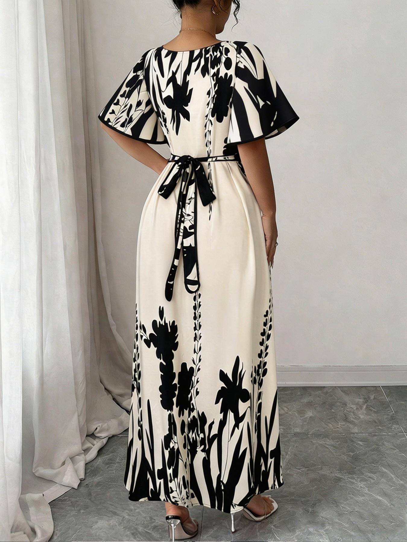 Women’s V-Neck Floral Short-Sleeve Dress with A Cinched Waist—A Fashionable Summer Printed Casual and Comfortable Dress Suitable for Everyday Commuting, Vacations, Parties, and Dates.