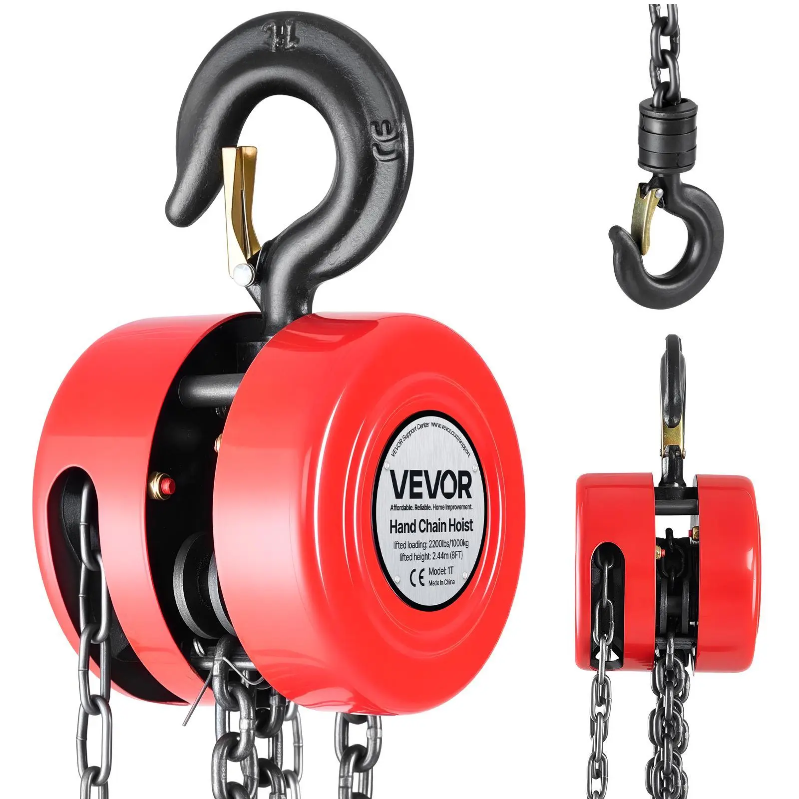 VEVOR Hand Chain Hoist, 1 Ton 2200 lbs Capacity, Manual Chain Block with Upgrade G70 Galvanized Chain, 8 ft Lifting Height, Heavy Duty Pulley Hoist for Garage Warehouse Automotive Machinery, Red