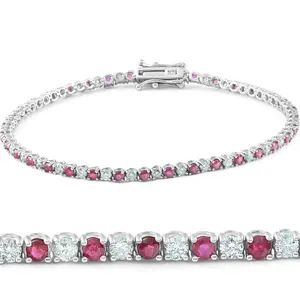 3ct Genuine Ruby & Real Diamond Tennis Bracelet 14K White Gold