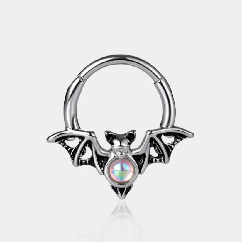 OUFER 16G Halloween Bat Wing Hoop with Moon Cutout & Faux Opal Ball | 316L Stainless Steel Septum Piercing Jewelry