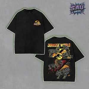 Vintage Jurassic Dinosaur Graphic Shirt - Urban Streetwear Washed Boxy-fit Tee, Retro Prehistoric Animal Aesthetic Graphic Tops, Soft Cotton Casual Seamless Apparel, Gift for Comics Fans Menswear