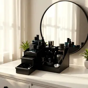 Minimalist Cologne & Skincare Organizer - 3-Tier Black Storage w/Waterproof Drawers | Modern Gift for Dad, Husband, Boyfriend