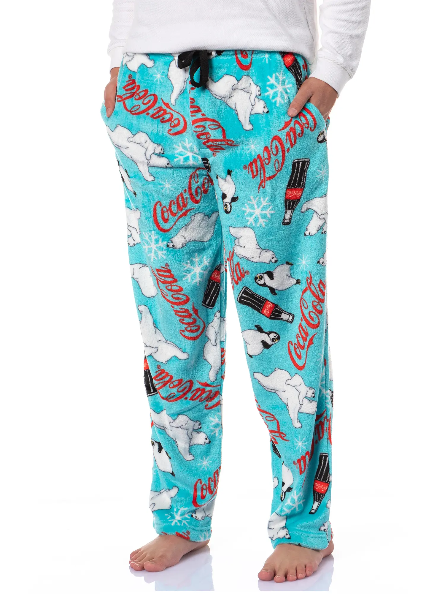 Coca-Cola Pajama Pants Men's AOP Coke Bottles Holiday Fleece Bottoms, Christmas, Plush, Nightwear, Fabric