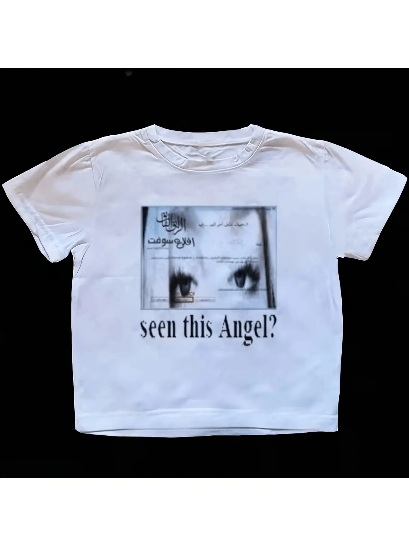 2000S Emo Gothic Harajuku Retro Y2K Streetwear Print T-Shirt - Cropped Short Sleeve Tee, Paired with "Have You Seen This Angel" Graphic Crew Neck Punk Top, Suitable for Casual Wear And Layered Looks, All-Season Comfortable Elastic Fabric