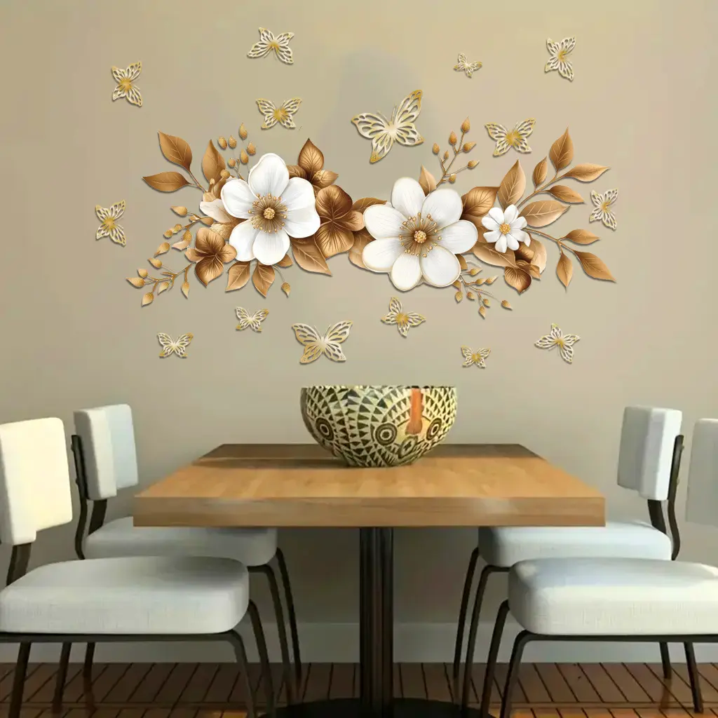 1Pc Spring Gilded Floral Flower Decorative Wall Art Stickers, self-adhesive and detachable PVC material, suitable for room decoration, wall wallpaper, bedroom decoration, wall decoration, home decoration, Floral Wall Decals