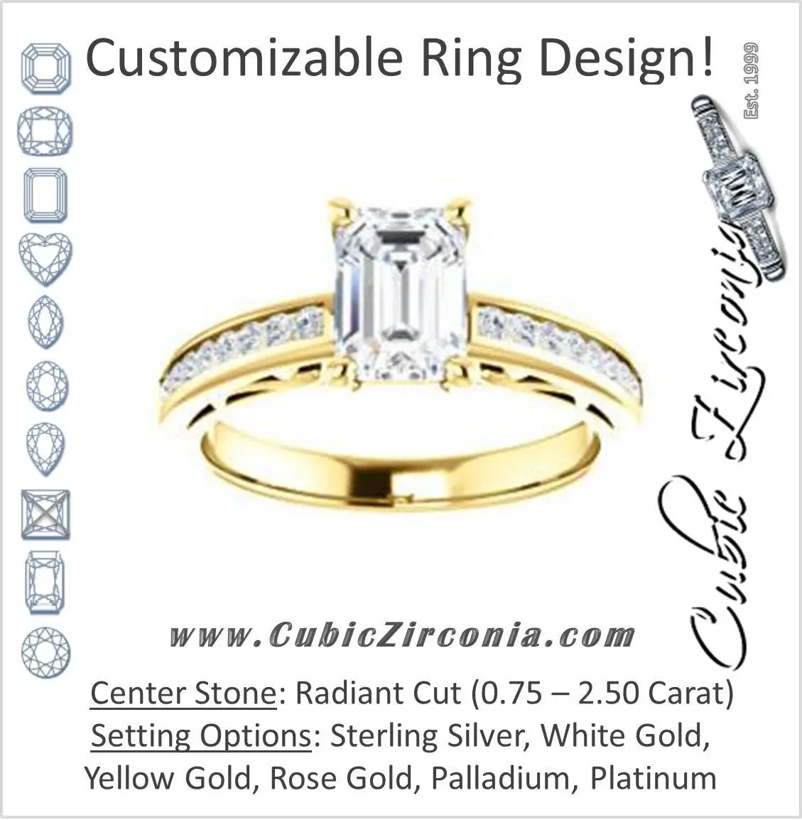 Cubic Zirconia Engagement Ring- The Jazmin Ella (Customizable Radiant Cut with Three-sided Filigree and Channel Accents)