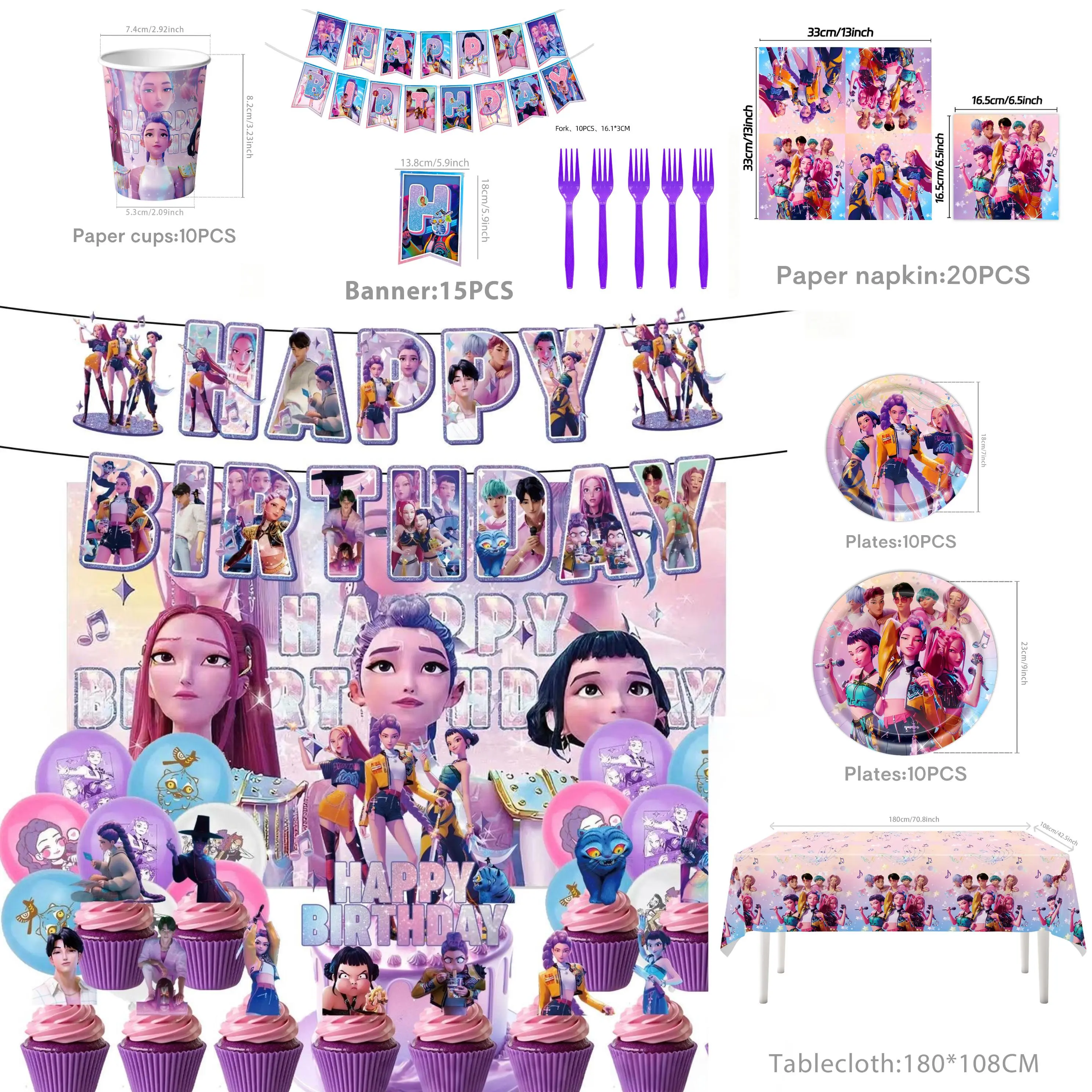 K-pop Devil Girl Cartoon Movie 14-Piece Birthday Party Set: Disposable tablecloth, paper plates, paper cups, and paper forks – K-pop themed party set, suitable for 10 people.