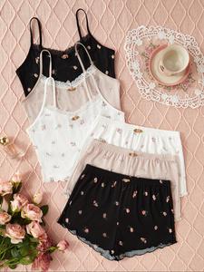women's pumpkin & skull print sleeveless cami top & lettuce trim shorts pajama two-piece set, lady casual comfortable halloween lounge sets, pajama set women, womenswear lace trim pajamas downtown girl wear, cute pajama sets, homewear, matching