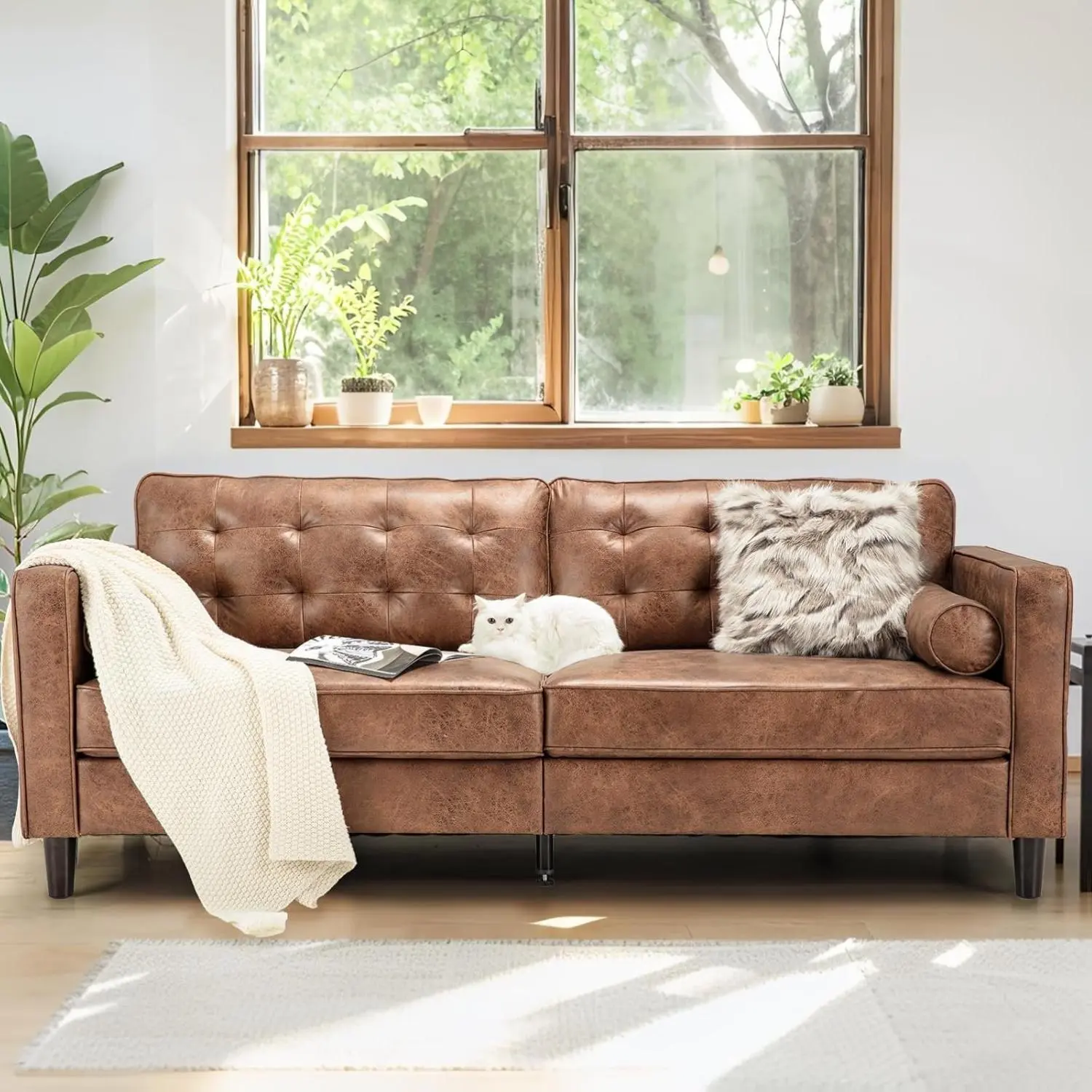【3 packages arrived at different times】AECOJOY Mid Century Modern Faux Leather Sofa, 84.2-Inch 3-Seater Vintage Couch with 2 Bolster Pillows, Large Brown Sofa for Living Room, Apartment, Office
