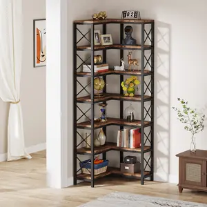 LITTLE TREE 7-Shelf Corner Bookshelf,Large Modern Corner Bookcase,  Corner Shelf Storage Display Rack with Metal Frame for Living Room Home Office