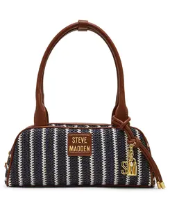Women’s Woven Shoulder Bag, Black White Striped Tote Handbag, Brown Trim Satchel Purse with Charm