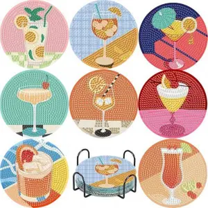 8PCS Diamond Art Coasters Set 5D Retro Cocktail Theme With Holder For Beginner Crafters Gift