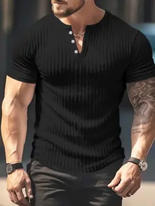 Men's Short Sleeve Ribbed Henley Shirt, Slim Fit Button Up Casual Tee, Soft Stretch Workout Top for Gym, Bodybuilding, Daily Wear & Vacation, Sports Tops