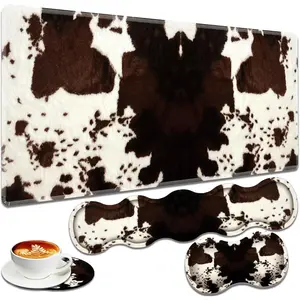 Large Gaming  Pad + Keyboard Wrist Rest + Wrist Support + Coaster Set, Memory   for Easy Typing, XXL Extended Gaming  Pad Table Pad - Cow  Print