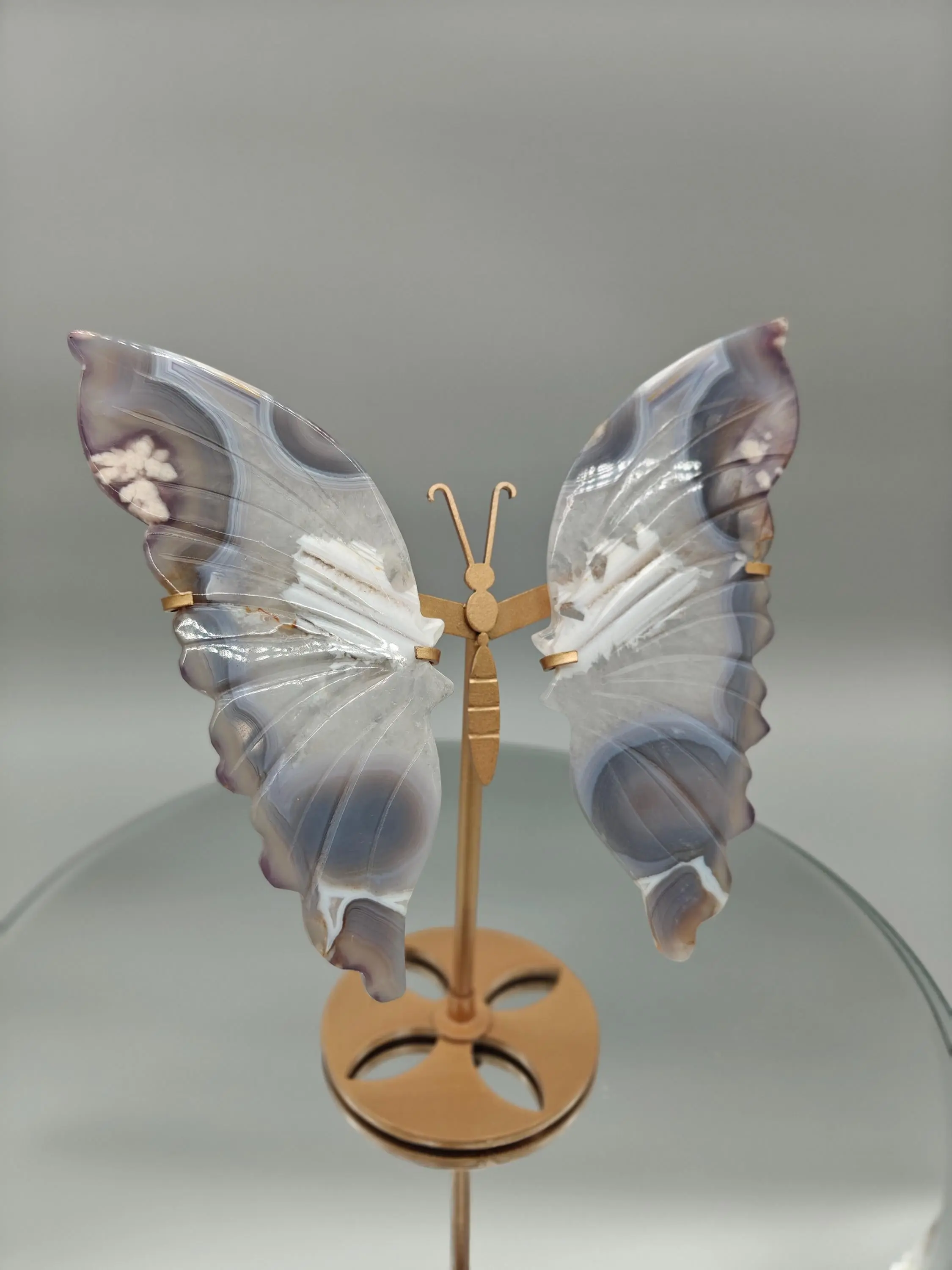 AAA+ Perfect Black Flower Agate Butterfly on Stand - Backlit Display - 8 x 6.5in - 12.45 oz - Unique Crystal Decor