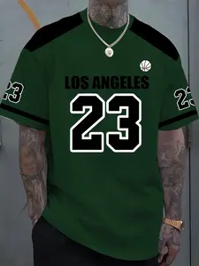 Summer Trendy Men's Streetwear Fashion, Los Angeles Letter Colorblock Print, Commuter Outdoor Essential Round Neck Short Sleeve Fitted T-Shirt