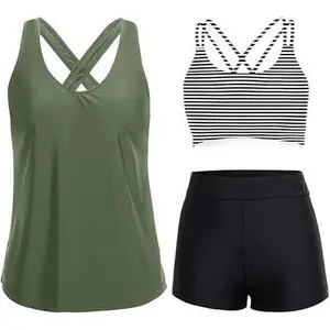 Women's 3-Piece Quick-Dry Tankini Bikini Swimsuit with Tummy Control, Includes Bra Top & Shorts, Suitable for Teens