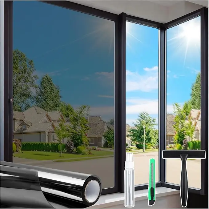 17.5 x 78.7 Inch One-Way Reflective Window Film with Complete Installation Tools, Black Privacy Window Tint, Daytime Single-Side View, Heat & UV Blocking Film for Bedroom, Home & Office Use
