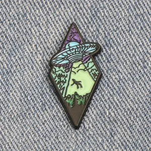Rhombus Brooch UFO with Alien Landscape Design Enamel Pin Lapel Badge