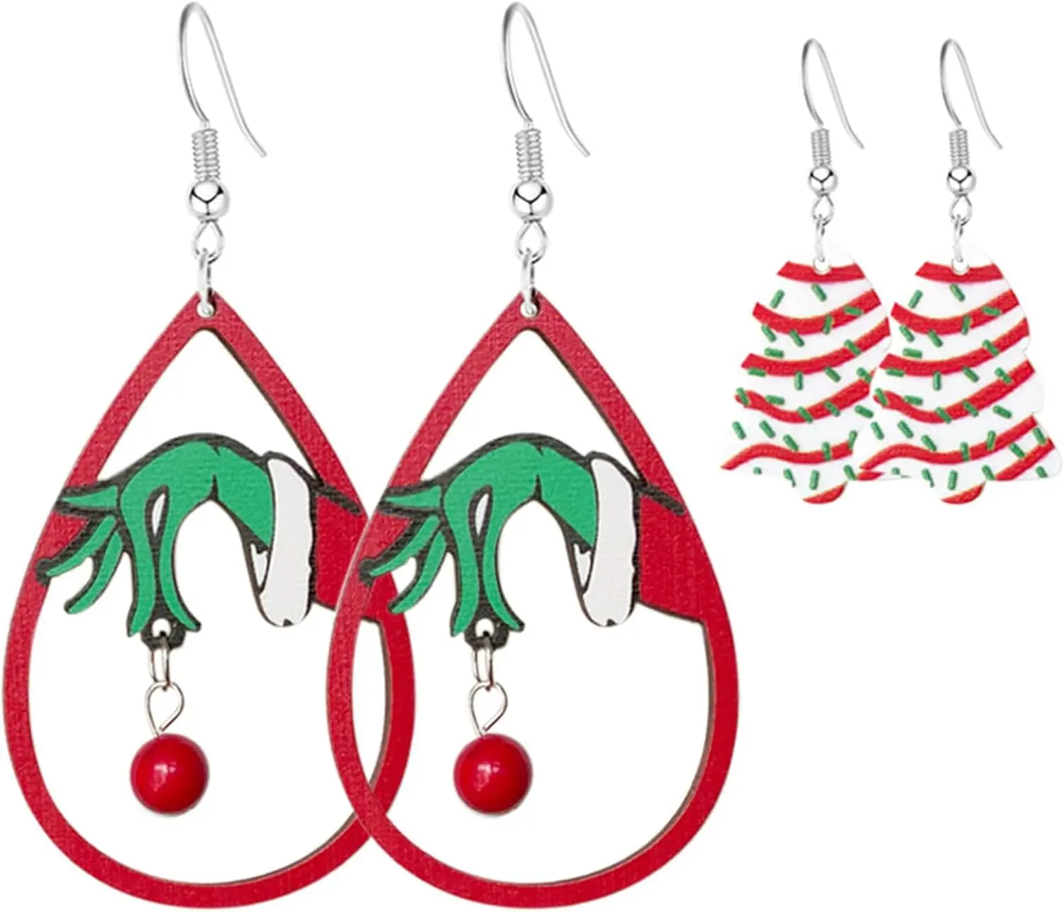 Christmas Tree Earrings for Women -  Wooden Teardrop Dangle Earrings With Red Green Jingle Bells -  Year Party Winter Holiday