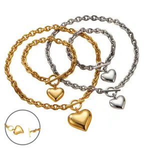 Unisex 2-Piece Stainless Steel Daily Costume Jewelry Set - Peach-Shaped Heart Necklace, O-Ring Chain Bracelet, Holiday Gift