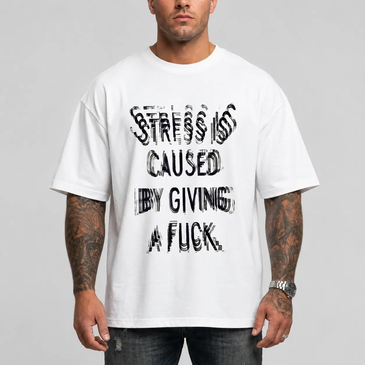Stress Is Caused By Giving A Fuck T-Shirt | Sarcastic Adult Humor Glitch Graphic Apparel | Gildan 5000 Unisex Tee Heavy Cotton Clothing Top | Summer Trendy Multi-Color Slogan Tee
