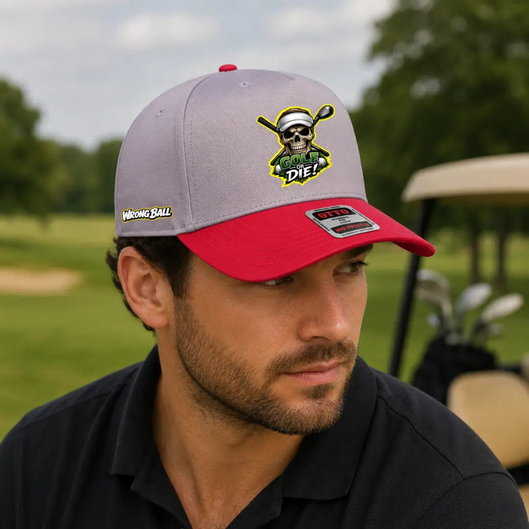 WRONGBALL “Golf Or Die” Snapback – Grey/Red Skull Golf Cap