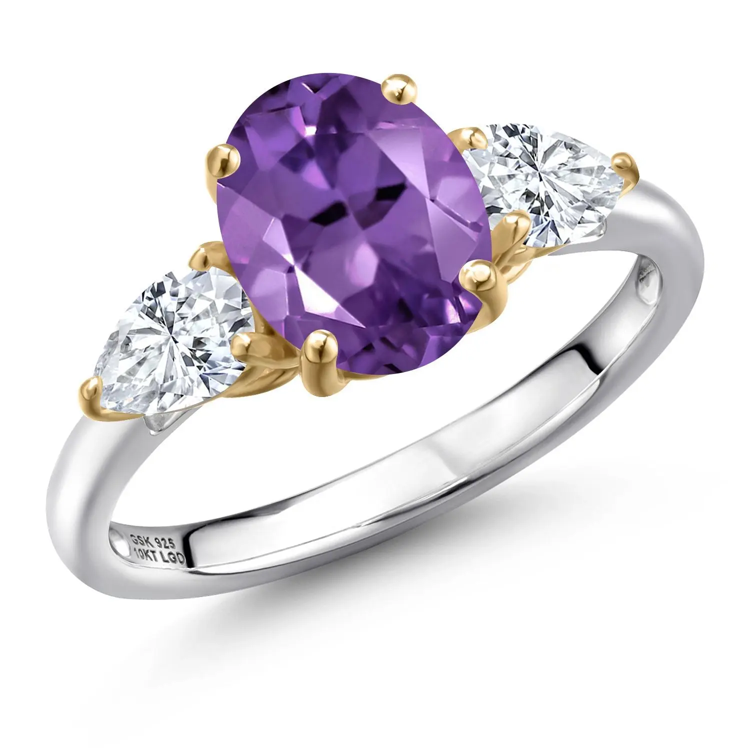 925 Silver and 10K Yellow Gold Purple Amethyst and Lab Grown Diamond Engagement Ring For Women | 2.30 Cttw | Oval 9X7MM | Gemstone February Birthstone