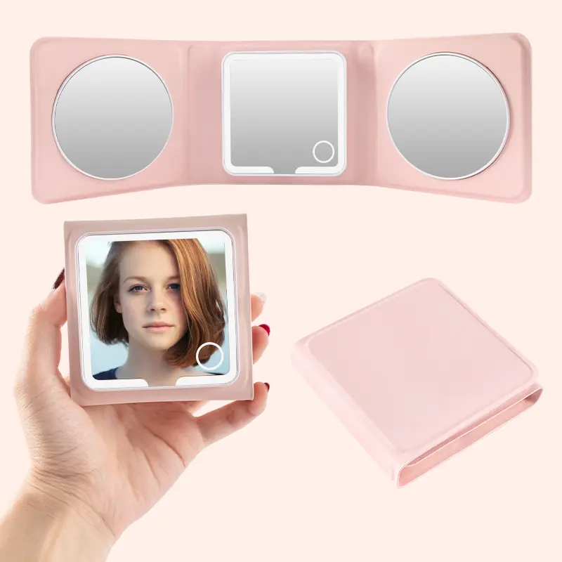 LED Portable 3-Sided Folding Makeup Mirror with 5X & 10X Magnification, Touch Control Stepless Dimming Light, Rechargeable Type-C Travel Vanity Mirror, Compact PU Leather Foldable Cosmetic Mirror for Makeup, Skincare, Home & Travel, Gift for Women