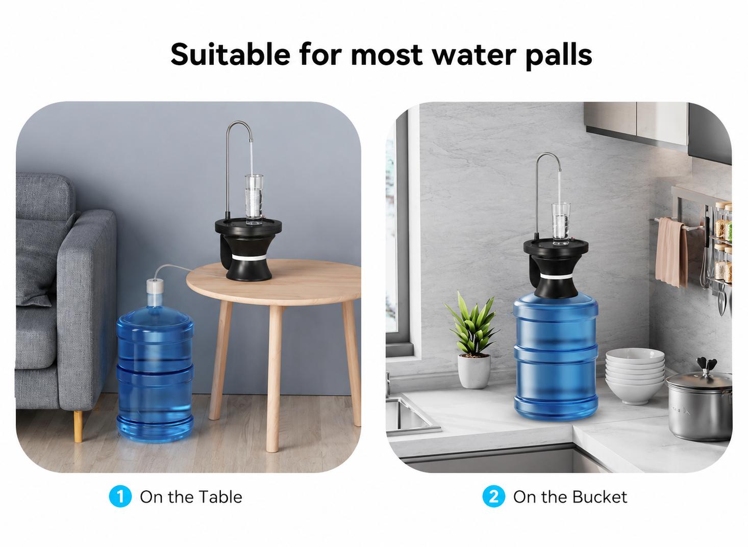 Water Dispenser for 5 Gallon Bottle, Rechargeable USB Water Pump with Automatic & Manual Dispensing Modes, Fits 2-5 Gallon Bottles, Bottle & Countertop Use, Large Tray, Stainless Steel Spout, BPA-Free Silicone Tube for Home, Office & Camping