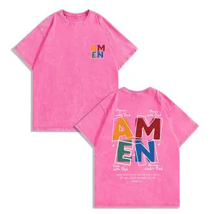 AMEN Classic Letter Graphic Tee, Vintage Distressed 230g Washed Cotton Casual Fit T-Shirt, God Bless Faith Christian Patriotic Unisex Top for Men Women, Available in Regular & Washed Cotton Style