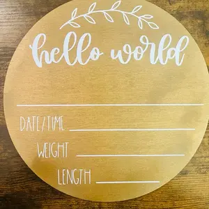 Hello World Birth Announcement Board with Date/Time, Weight, and Length - Circular Wood Design for Personalization Decor Hanging Hangable Decoration