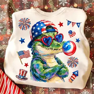 Patriotic Alligator T-shirt, 4th of July Crocodile Sunglasses Bubble Gum, USA Independence Day Shirt Design, American Flag Animal, Hand-Painted