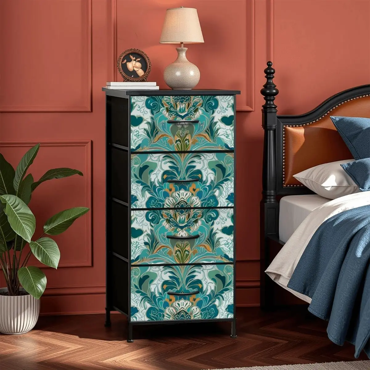 Chinoiserie Floral Teal Green Gold, Elegant 4-Drawer Dresser