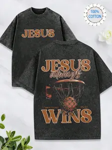 Christian "Jesus Always Wins" Themed Faith T-Shirt, "JESUS Always WINS" Core Faith Outfit, "Thank God For Giving Us Victory Through Our Lord Jesus Christ" Faith  Outfit...... Retro Loose T-Shirt, Men's Casual S
