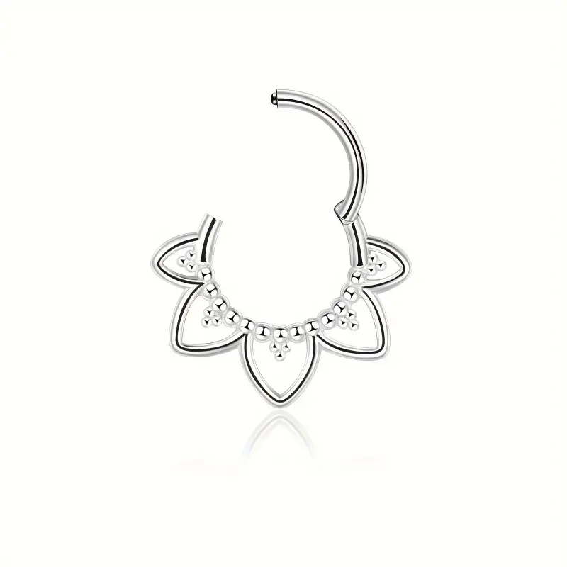 Boho Lotus Flower Septum Jewelry, 16g Stainless Steel Hinged Clicker for Daith & Conch, Gift-Ready Piercing for Women, Gold/Steel, 8-10mm, Female, Floral, 1 Gram/Piece