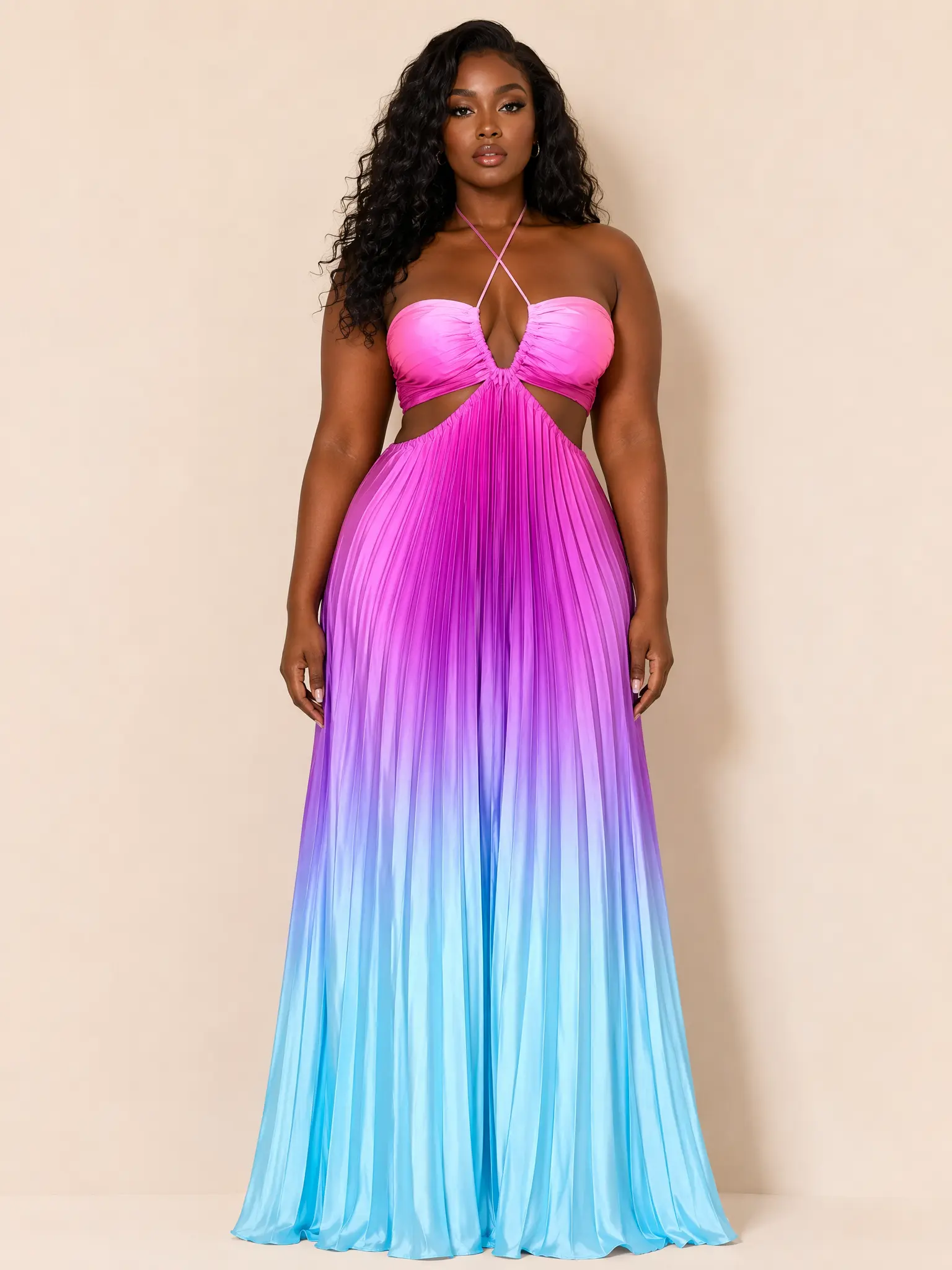 Trendy Vibrant Gradient Ombre Halter Maxi Dress | Sexy Backless Pleated Cut-Out Summer Dress for Women.Sexy Sunset Gradient Pleated Halter Maxi Dress Cut Out Flowy Long Dress for Beach Vacation & Party