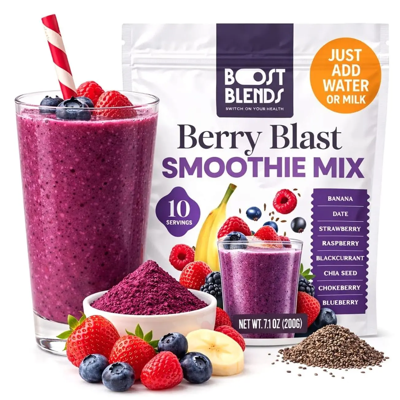 Berry Blast Smoothie Mix – Freeze Dried Fruit Smoothie Powder for Smoothies & Shakes, Just Add Water or Milk, 10 Servings