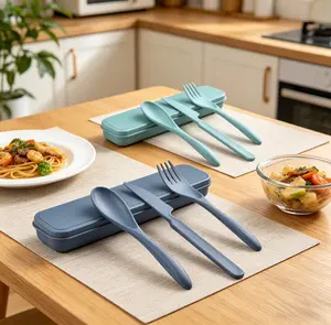 CUGBO Set of 2 Reusable Utensils with Case| Portable Cutlery Set of Knife, Fork and Spoon with Wheat Straw| Ideal for Camping, Travel, School, Work and Daily Use (Colors: Green and Blue)