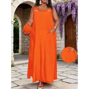 Plus Size Women's Casual Loose Solid Dress - Stylish Summer Maxi with Pockets & Metal Buckle Straps, Comfy Daily Wear
