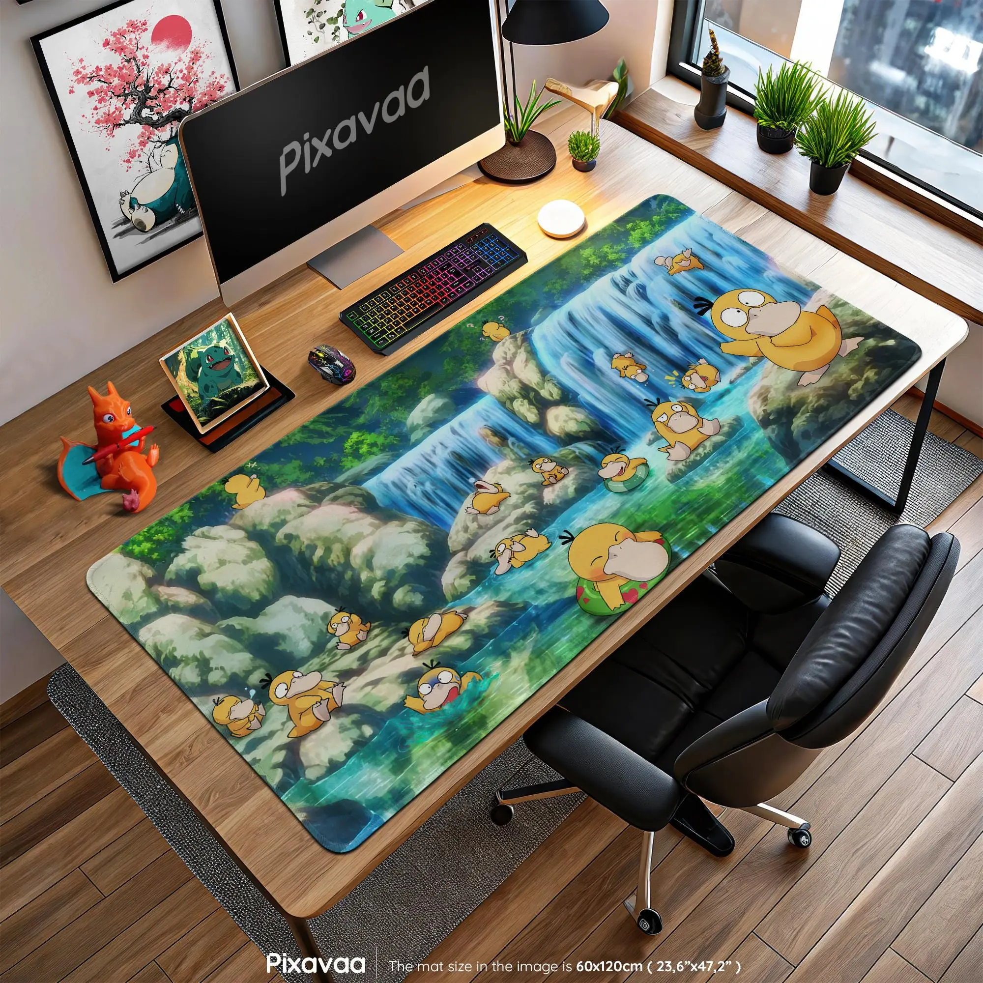 PKM Duck Waterfall Mouse Pad Fun Nature Scene Desk Mat, Kanto Water Type Art Keyboard Pad