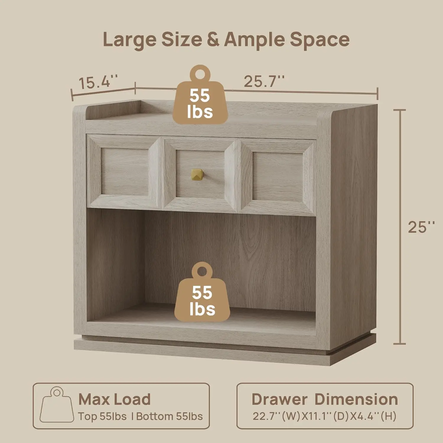 Night Stand Set 2, 26" Wide Nightstands with Drawer, Large Queen Size Nightstands Set of 2, Modern Bedside Table for Bedroom, Side End Table, Grey White Oak