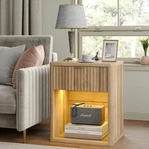 Fluted Night Stand with  Station & LED Lights, Modern Floor-Hugging Bedside Table with Outlets/USB for Bedroom,  Side Table with Storage Drawer & Open Compartment, Oak
