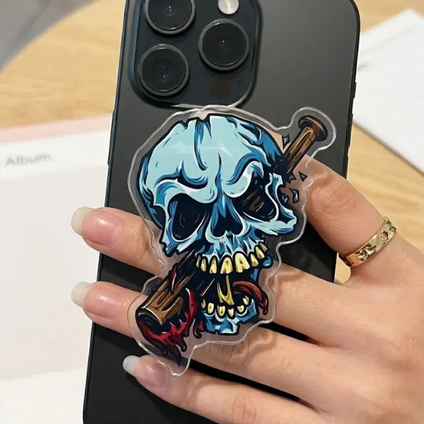 Baseball Bat Tucked into a Skull's Head Phone Grip, Horror Aesthetic Magnetic Phone Holder, Kawaii Scary Fan Gift , Kindle Accessories sticky Baby mount Library Card Flower-Shaped Multi-Functional Stand Universal Car Double-Sided Octo Adjustable Portable