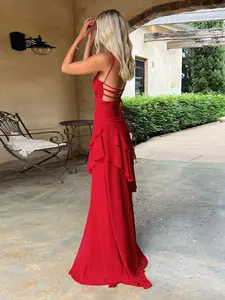 Women's Summer Casual Plain Backless Long Dress, Fitted, Elegant, Sexy Sleeveless Design, Perfect for Daily Wear, Tiered Ruffle Maxi Dress, Spaghetti Strap Sundress, Flowy Chiffon Prom Gown