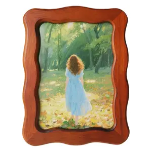 1 Pack 5x7 Picture Frame with Wavy Edge - Baroque Style Natural Rubberwood & Clear Glass Panel, Vertical/Horizontal Tabletop or Wall-Mounted Photo Frame, Rich Red-Brown Finish, Home Decor, Elegant Photo Display for Living Room, Bedroom, Office