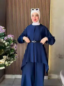 Islamic Women's Clothing Set, Comfortable Casual Suit, Batwing Sleeve Belted Outerwear, Matching Pants, Long Sleeve, Loose-Fitting