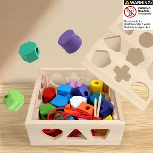 Montessori Early Education Large Bead Stringing Set, Geometric Shape Matching Blocks, Color Cognition Toy for Kids, Hand Strength Training, Shape Sorter