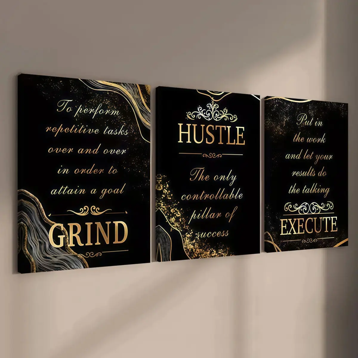 3-count wooden frame canvas, black and gold texture inspiring three-piece decorative poster, perfect living room and bedroom decoration, Modern Home Decor, fashionable family poster, modern wall art, office